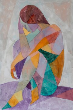 Colorful abstract art of female figure in geometric shapes