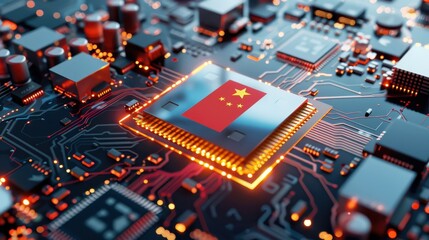 Obraz premium A close-up of a circuit board with a microchip featuring the Chinese flag