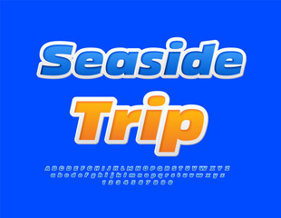 Vector creative advertisement Seaside Trip. Unique Blue Font. Modern sticker Alphabet Letters and Numbers set.