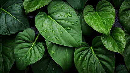 Fototapeta premium Lush green jungle leaves in tropical rain with raindrops, creating a textured background