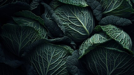 Close-up view of dark green cabbage leaves with detailed texture, nature background. Organic vegetable concept