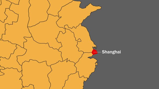 Shanghai map animated video. Shanghai location is highlighted on the China map colour with Gray background in video format.