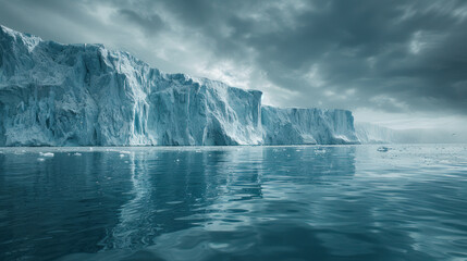 Majestic icy cliffs rising above a calm reflective ocean under a dramatic cloudy sky, capturing the raw beauty and scale of glacial landscapes.
