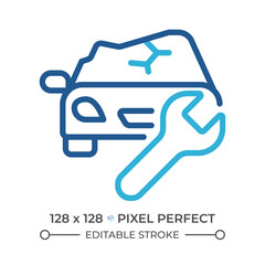 Car damage two color line icon. Collision repair. Accident repair. Vehicle recovery. Crashed car and wrench bicolor outline symbol. Duotone linear pictogram. Isolated illustration. Editable stroke