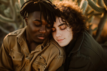 Fototapeta premium Tender Moment Between multiracial couple in Nature at Sunset, Outdoor portrait