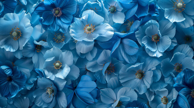 Beautiful blue flowers background. A floral pattern with many blooming Phalaenopsis hybrid orchid plants. A top view in the style of folded hybridis plants.
- Powered by Adobe