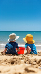 Two children are sitting on the beach, one wearing a blue shirt