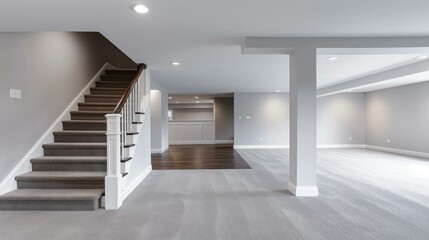 Modern Spacious Finished Basement with Carpeted Stairs and Ample Natural Light