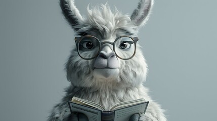 Obraz premium National Day of Book Lovers. Funny cute llama in glasses is reading a book.