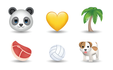 6 Emoticon isolated on White Background. Meat, volleyball ball, panda, yellow heart, dog, palm vector emoji Illustration. 3d Illustration set. © Turkan Jabbarli
