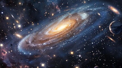 Fototapeta premium Galaxies spiral through space, vast collections of stars bound together by gravity's embrace.