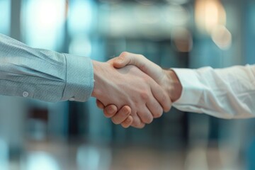 Happy businesspeople handshaking after deal or interview at office