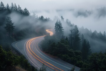Highway winding through misty forest before sunrise in the mountains with fog and long exposure car lights creating light trails