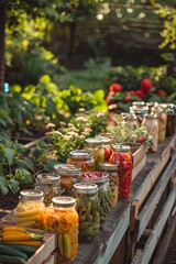 Canned vegetables in jars stand in the middle of the garden. Harvesting and preparing supplies for the winter. 
