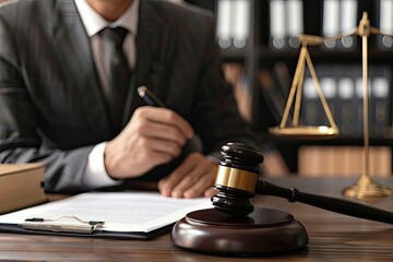 Male lawyer working with contract papers at table in office, closeup