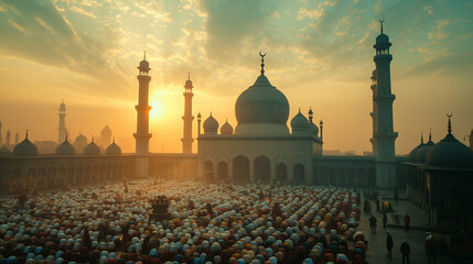 
Majestic mosque with tall minarets and worshippers in prayer
