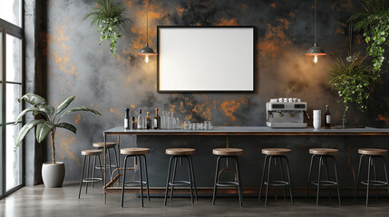 
mockup of an empty frame on the wall in a cafe with bar stools