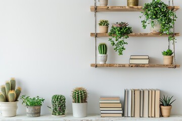 Wooden shelf with books and cactus - vintage effect style pictures