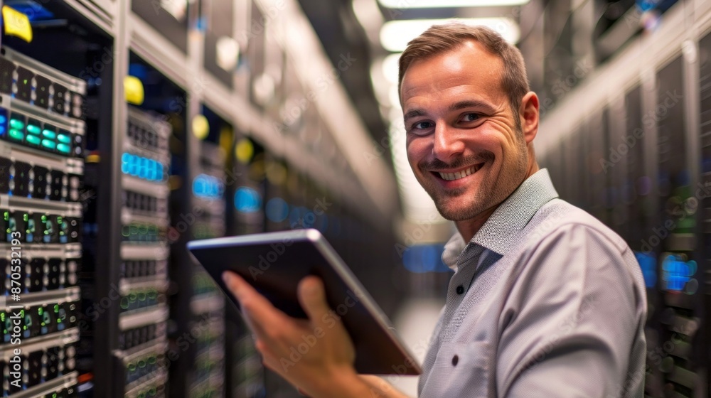 Poster a smiling it specialist stands in a data center, looking directly at the camera while holding a tabl