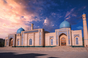 ancient medieval Muslim Islamic mosque Hazrati Imam. Architectural complex Hast Imom in Tashkent in Uzbekistan in summer day