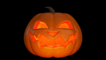 Jack o lantern glowing in the dark on black background. Scary Halloween pumpkin smiling.