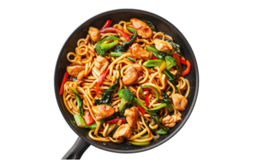Udon stir fry noodles with chicken isolated on transparent background