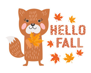 Cute fox in doodle style with autumn leaves and text Hello fall. Print, children's illustration, vector