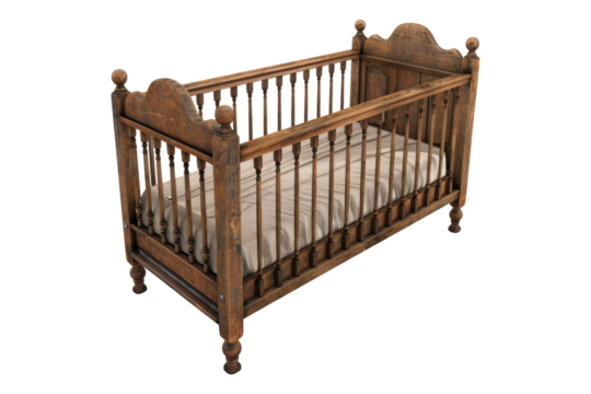 Wooden baby crib isolated on transparent background