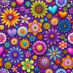 This image features a vibrant purple background adorned with colorful flowers and hearts in various shapes and sizes. The flowers bloom across the entire canvas.