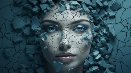 Unique artistic portrayal of a woman s face corroding with deep sadness and emotional distress