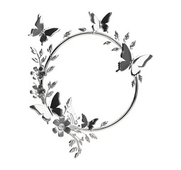 3d chromium metal Round floral frame decorated with flower vines and butterflies.