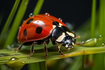 Fototapeta premium A bright red and black ladybug sits perched on top of a vibrant green leaf. The insects distinctive colors stand out against the lush backdrop, creating a striking contrast in this natural scene