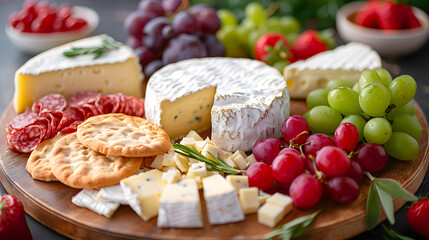 A delectable cheese board featuring assorted cheeses, fresh grapes, crackers, and charcuterie, perfect for entertaining or gourmet dining.