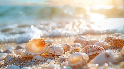 Seashells Scattered on Sandy Beach: Real Photography with Copy Space, Natural Beauty Under Soft Sunlight