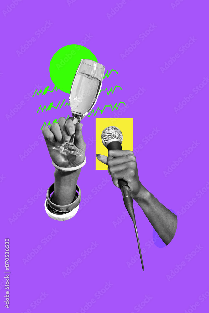 Sticker Trend artwork composite sketch image photo collage of violet backdrop caricature hand hold cocktail glass drink microphone karaoke song