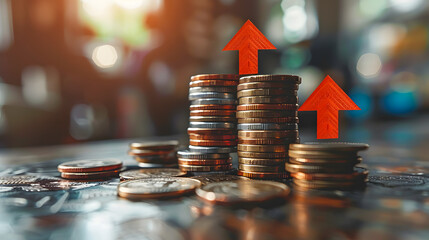 Stacked coins with upward arrows, representing financial growth, wealth accumulation, or economic success in a blurred background.