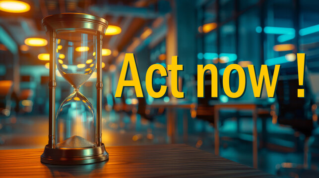 Act now text next to hourglass on office background. Business concept, word symbol. Copy space.