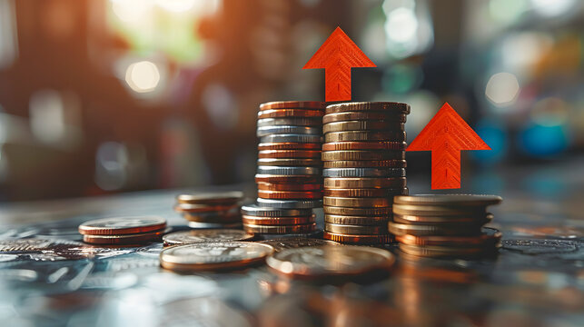 Stacked coins with upward arrows, representing financial growth, wealth accumulation, or economic success in a blurred background.