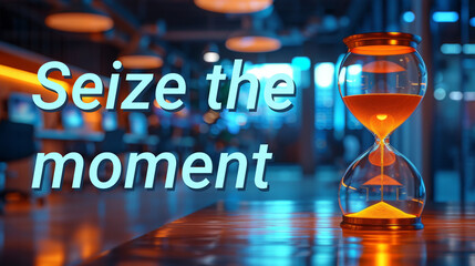 Seize the moment text next to hourglass on office background. Business concept, word symbol. Copy space.