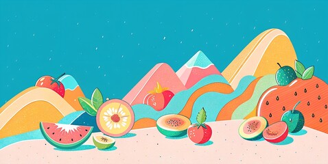 Naklejka premium fresh fruit scatter on the slope,fresh fruit scatter near the moutain,fresh fruit,ripe fruit,heathy fruit,fruit,organic