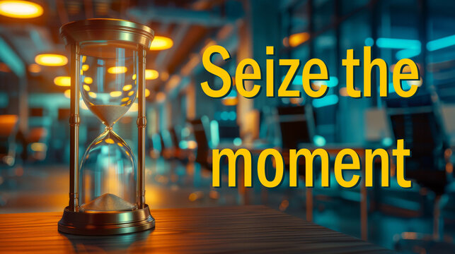 Seize the moment text next to hourglass on office background. Business concept, word symbol. Copy space.