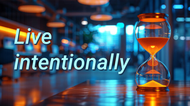 Live intentionally text next to hourglass on office background. Business concept, word symbol. Copy space.