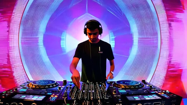 DJ in front of a mesmerizing visual display, merging music and visuals for an immersive experience