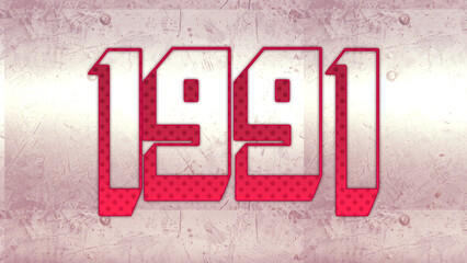 Cute 3d bold outline pink number design of 1991 on white background.