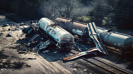 Naklejka premium train derailment and accident with train wagons broken.