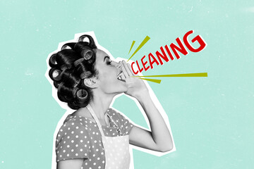 Composite trend artwork sketch photo collage of retro picture vintage obsolete style young woman housewife say loud speak cleaning task