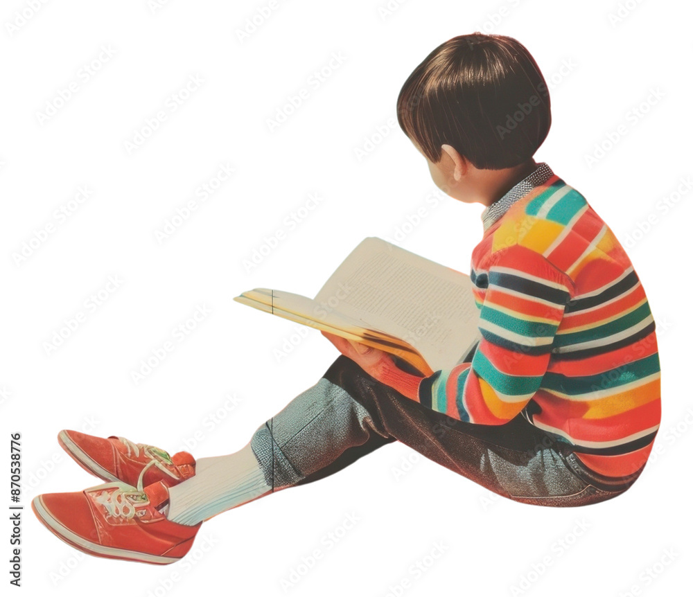 Sticker PNG Retro collage of a young boy sitting reading clothing footwear