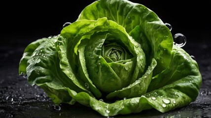 Fresh green lettuce with water droplets, symbolizing crispness and hydration.