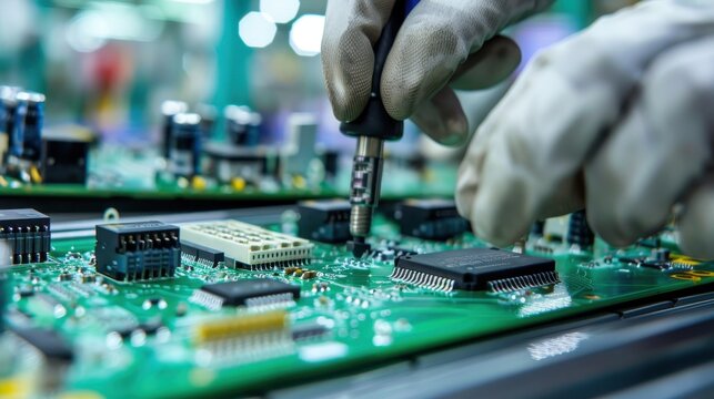 Close-up of a hand soldering a circuit board