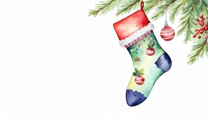 Watercolor painting of a Decorative Christmas stockings hanging on a tree.
